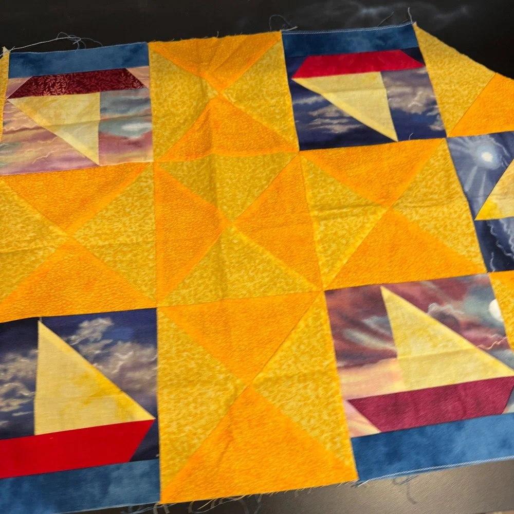 Handmade Quilted Table Runner Small Yellow Blue Sailboat Nautical Patchwork Art